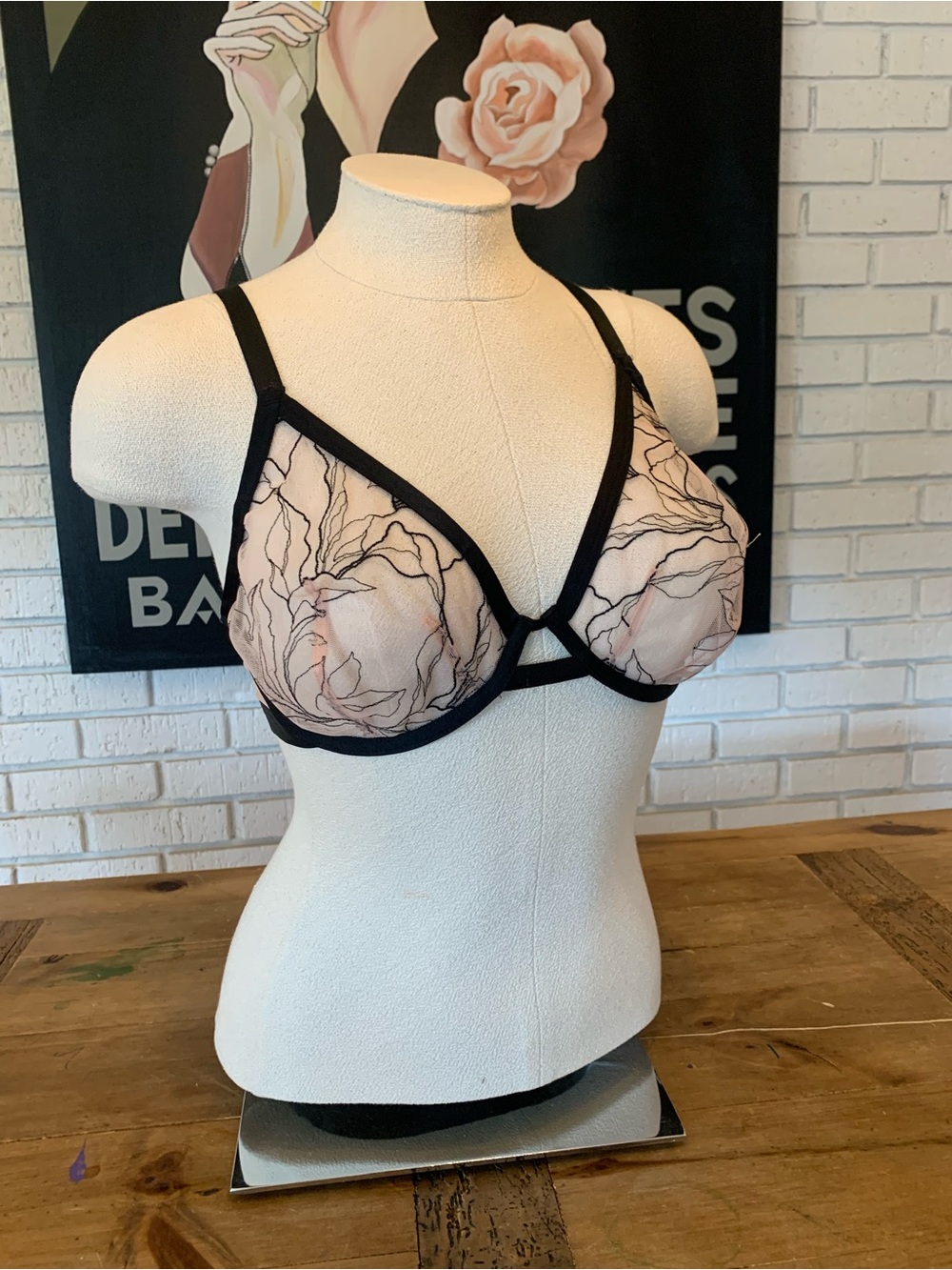 Soma Sheer Floral Underwire Bra in Blush with Black Trim